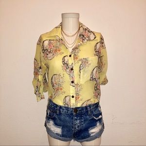 Yellow Floral Skull Button-Up Blouse